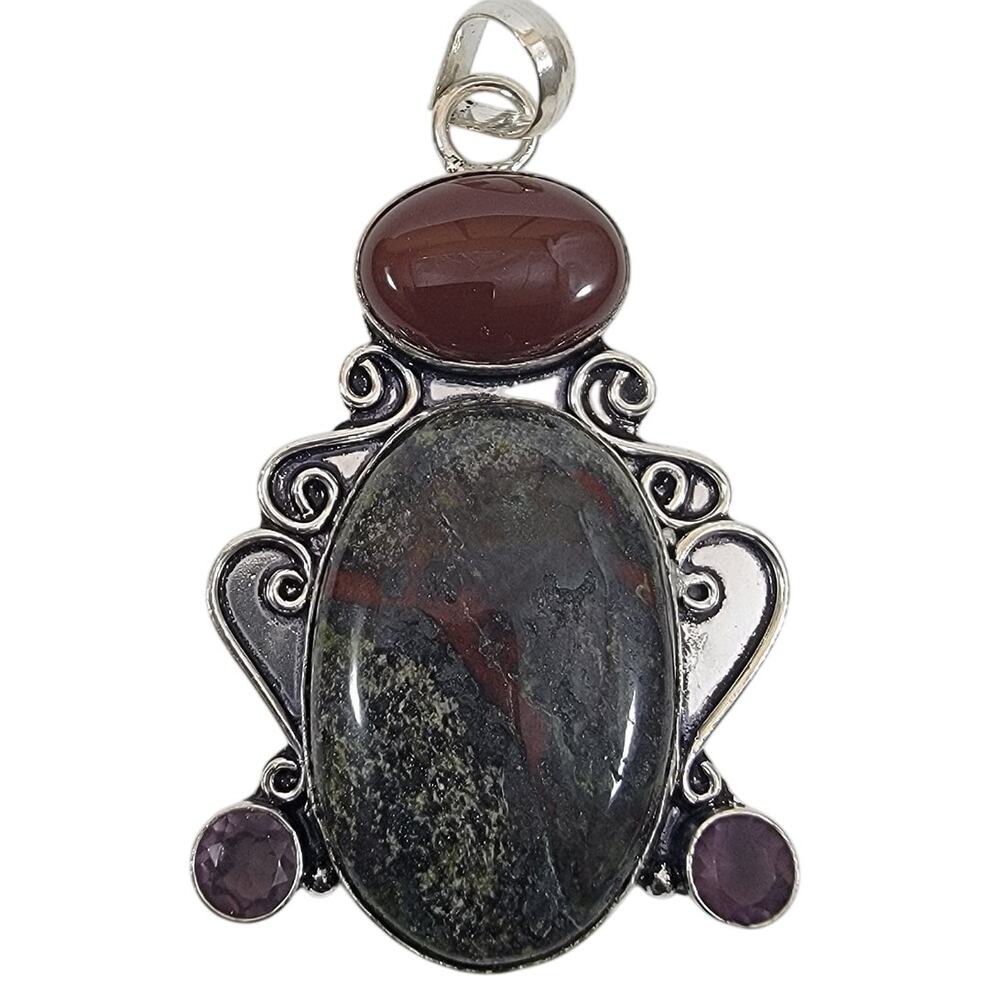 Handmade Silver Pendant with Bloodstone Red Jasper and Amethyst Accents